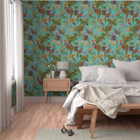 Vintage Tropical Birds And Flower Jungle , Vintage Wallpaper - light turquoise sepia double layer