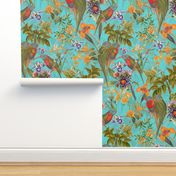 Vintage Tropical Birds And Flower Jungle , Vintage Wallpaper - light turquoise sepia double layer