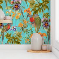 Vintage Tropical Birds And Flower Jungle , Vintage Wallpaper - light turquoise sepia double layer