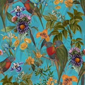 Vintage Tropical Birds And Flower Jungle, Vintage Wallpaper - turquoise sepia double layer