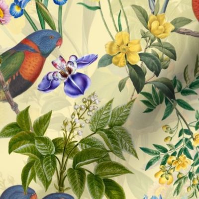 Vintage Tropical Birds And Flower Jungle , Vintage Wallpaper - light yellow double layer