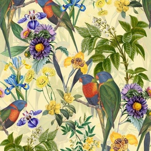 Vintage Tropical Birds And Flower Jungle , Vintage Wallpaper - light yellow double layer