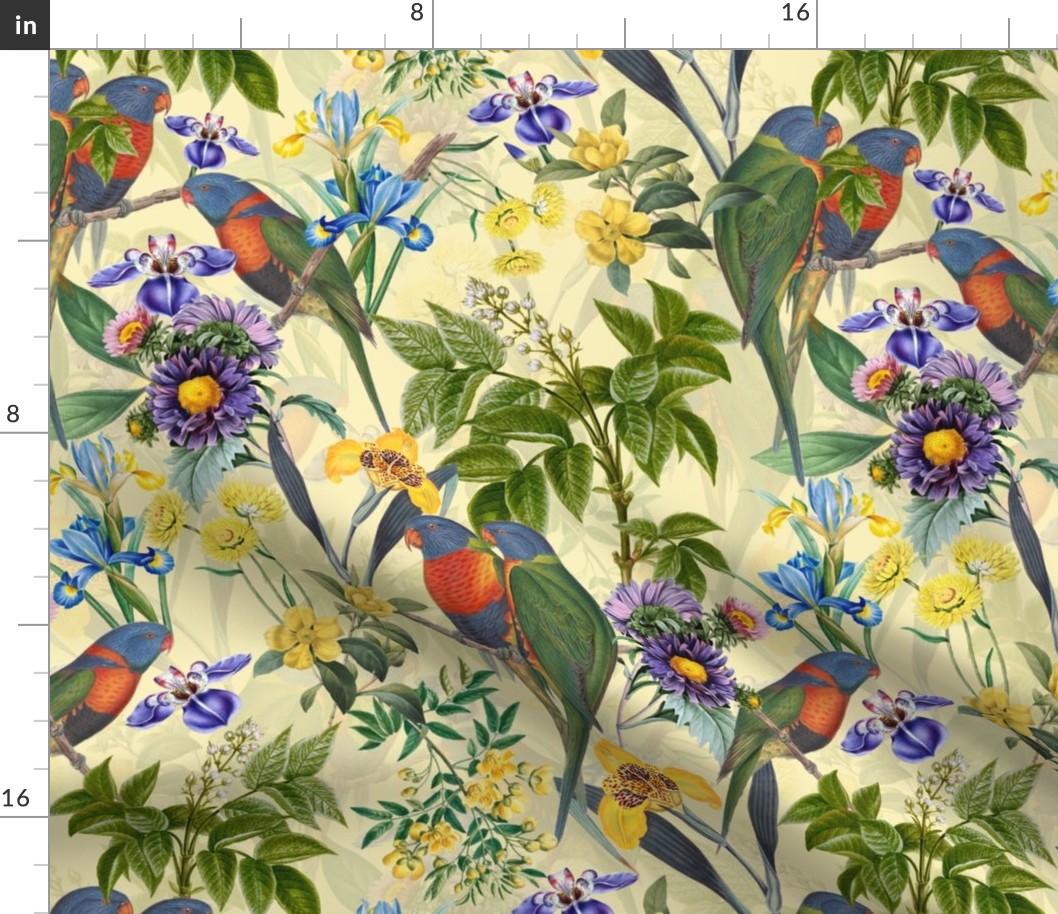 Vintage Tropical Birds And Flower Jungle , Vintage Wallpaper - light yellow double layer