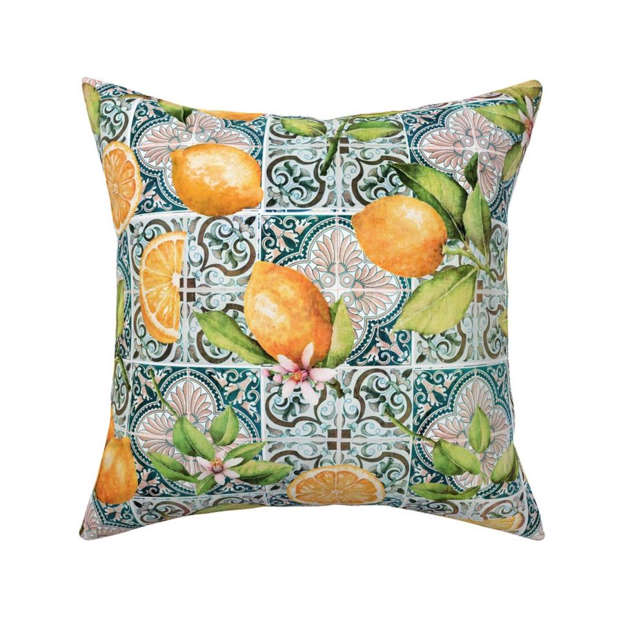 nostalgic Oranges and Lemon Fruit Branches on Colorful hand painted mediteranean tiles