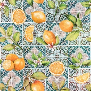 nostalgic Oranges and Lemon Fruit Branches on Colorful hand painted mediteranean tiles
