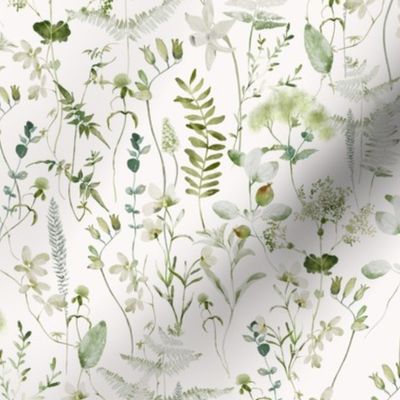 In the weeds  - Green Wildflowers and Herbs Summer Wildflower Meadow - on white Nursery Fabric,  Baby Girl Fabric, perfect for kidsroom, kids room, kids decor of white 