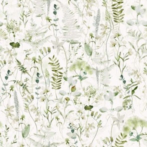 In the weeds  - Green Wildflowers and Herbs Summer Wildflower Meadow - on white Nursery Fabric,  Baby Girl Fabric, perfect for kidsroom, kids room, kids decor - off white double layer