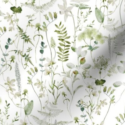 In the weeds  - Green Wildflowers and Herbs Summer Wildflower Meadow - on white Nursery Fabric,  Baby Girl Fabric, perfect for kidsroom, kids room, kids decor white- single layer