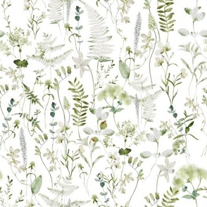 In the weeds  - Green Wildflowers and Herbs Summer Wildflower Meadow - on white Nursery Fabric,  Baby Girl Fabric, perfect for kidsroom, kids room, kids decor white- single layer