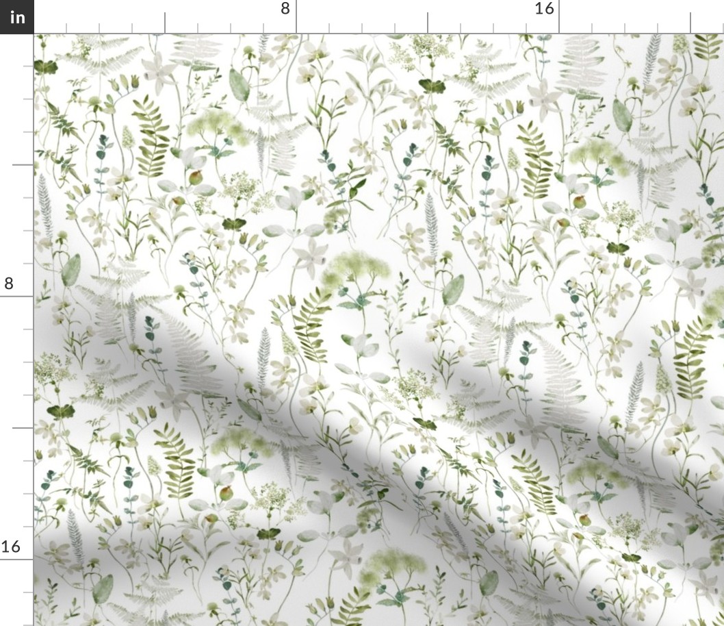 In the weeds  - Green Wildflowers and Herbs Summer Wildflower Meadow - on white Nursery Fabric,  Baby Girl Fabric, perfect for kidsroom, kids room, kids decor white- single layer