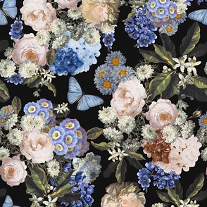 Flemish Vintage Dark Night Romanticism:Maximalism Moody Florals- Antiqued Blush Roses With Peony Blossoms Bouquets Nostalgic - Gothic Mystic Night-  Antique Botany And Blue  Butterfly Wallpaper and Victorian Goth Mystic inspired - black 