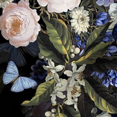 Flemish Vintage Dark Night Romanticism:Maximalism Moody Florals- Antiqued Blush Roses With Peony Blossoms Bouquets Nostalgic - Gothic Mystic Night-  Antique Botany And Blue  Butterfly Wallpaper and Victorian Goth Mystic inspired - black  cold 2 layers