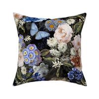 Flemish Vintage Dark Night Romanticism:Maximalism Moody Florals- Antiqued Blush Roses With Peony Blossoms Bouquets Nostalgic - Gothic Mystic Night-  Antique Botany And Blue  Butterfly Wallpaper and Victorian Goth Mystic inspired - black  cold 2 layers