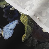 Flemish Vintage Dark Night Romanticism:Maximalism Moody Florals- Antiqued Blush Roses With Peony Blossoms Bouquets Nostalgic - Gothic Mystic Night-  Antique Botany And Blue  Butterfly Wallpaper and Victorian Goth Mystic inspired - black  cold 2 layers