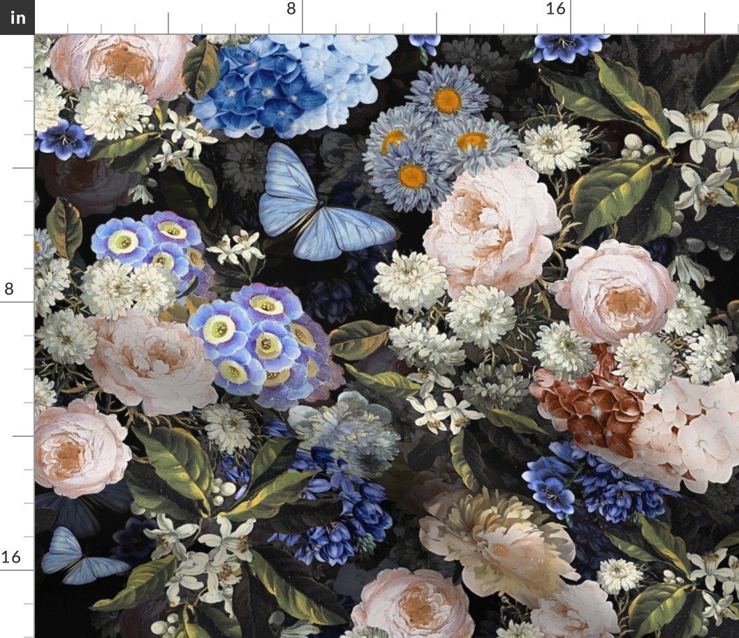 Flemish Vintage Dark Night Romanticism:Maximalism Moody Florals- Antiqued Blush Roses With Peony Blossoms Bouquets Nostalgic - Gothic Mystic Night-  Antique Botany And Blue  Butterfly Wallpaper and Victorian Goth Mystic inspired - black  cold 2 layers