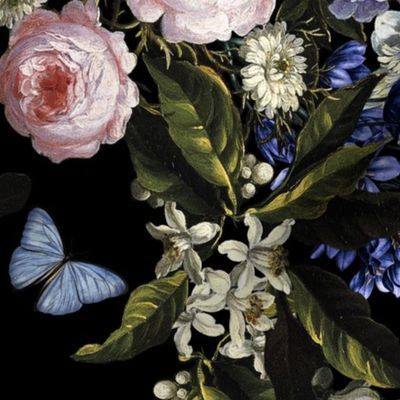 Flemish Vintage Dark Night Romanticism:Maximalism Moody Florals- Antiqued Blush Roses With Peony Blossoms Bouquets Nostalgic - Gothic Mystic Night-  Antique Botany And Blue Butterfly Wallpaper and Victorian Goth Mystic inspired -  single layer