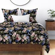 Flemish Vintage Dark Night Romanticism:Maximalism Moody Florals- Antiqued Blush Roses With Peony Blossoms Bouquets Nostalgic - Gothic Mystic Night-  Antique Botany And Blue Butterfly Wallpaper and Victorian Goth Mystic inspired -  single layer
