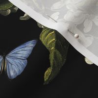 Flemish Vintage Dark Night Romanticism:Maximalism Moody Florals- Antiqued Blush Roses With Peony Blossoms Bouquets Nostalgic - Gothic Mystic Night-  Antique Botany And Blue Butterfly Wallpaper and Victorian Goth Mystic inspired -  single layer