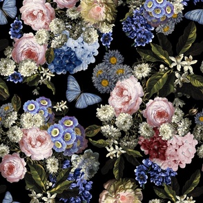 Flemish Vintage Dark Night Romanticism:Maximalism Moody Florals- Antiqued Blush Roses With Peony Blossoms Bouquets Nostalgic - Gothic Mystic Night-  Antique Botany And Blue Butterfly Wallpaper and Victorian Goth Mystic inspired -  single layer