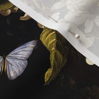 Flemish Vintage Dark Night Romanticism:Maximalism Moody Florals- Antiqued Blush Roses With Peony Blossoms Bouquets Nostalgic - Gothic Mystic Night-  Antique Botany And Blue Butterfly Wallpaper and Victorian Goth Mystic inspired