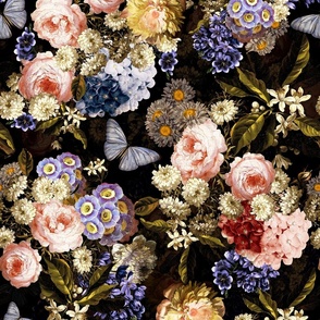 Flemish Vintage Dark Night Romanticism:Maximalism Moody Florals- Antiqued Blush Roses With Peony Blossoms Bouquets Nostalgic - Gothic Mystic Night-  Antique Botany And Blue Butterfly Wallpaper and Victorian Goth Mystic inspired