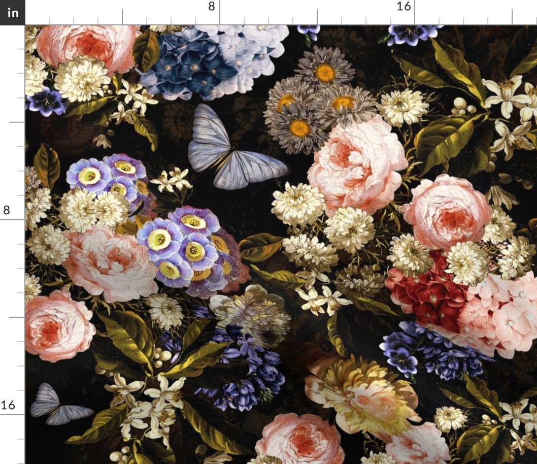 Flemish Vintage Dark Night Romanticism:Maximalism Moody Florals- Antiqued Blush Roses With Peony Blossoms Bouquets Nostalgic - Gothic Mystic Night-  Antique Botany And Blue Butterfly Wallpaper and Victorian Goth Mystic inspired