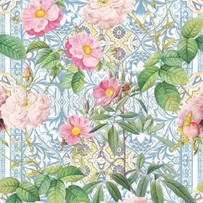 10" Pink nostalgic Redouté roses, english rose and  Branches on blue hand painted mediteranean tiles