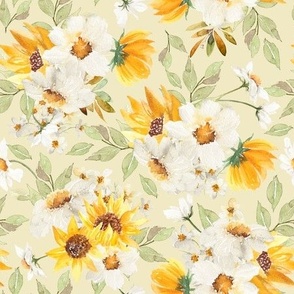 10"  Daisy And Sunflowers Bouquets Watercolor Floral / Daisies soft yellow Fabric