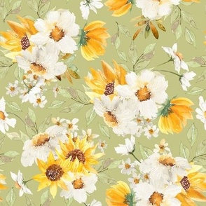 10"  Daisy And Sunflowers Bouquets Watercolor Floral / Daisies apple green Fabric