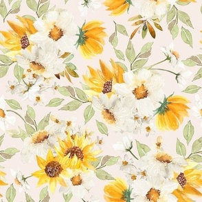10"  Daisy And Sunflowers Bouquets Watercolor Floral / Daisies rose blush Fabric