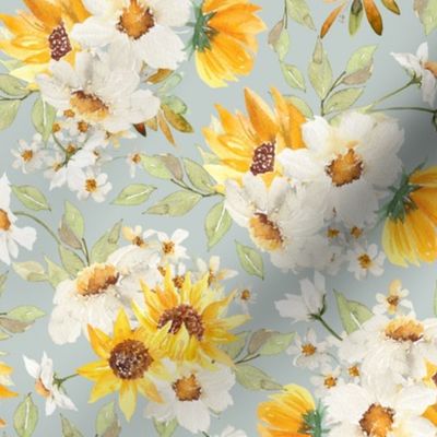 10"  Daisy And Sunflowers Bouquets Watercolor Floral / Daisies dove grey Fabric