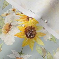 10"  Daisy And Sunflowers Bouquets Watercolor Floral / Daisies dove grey Fabric