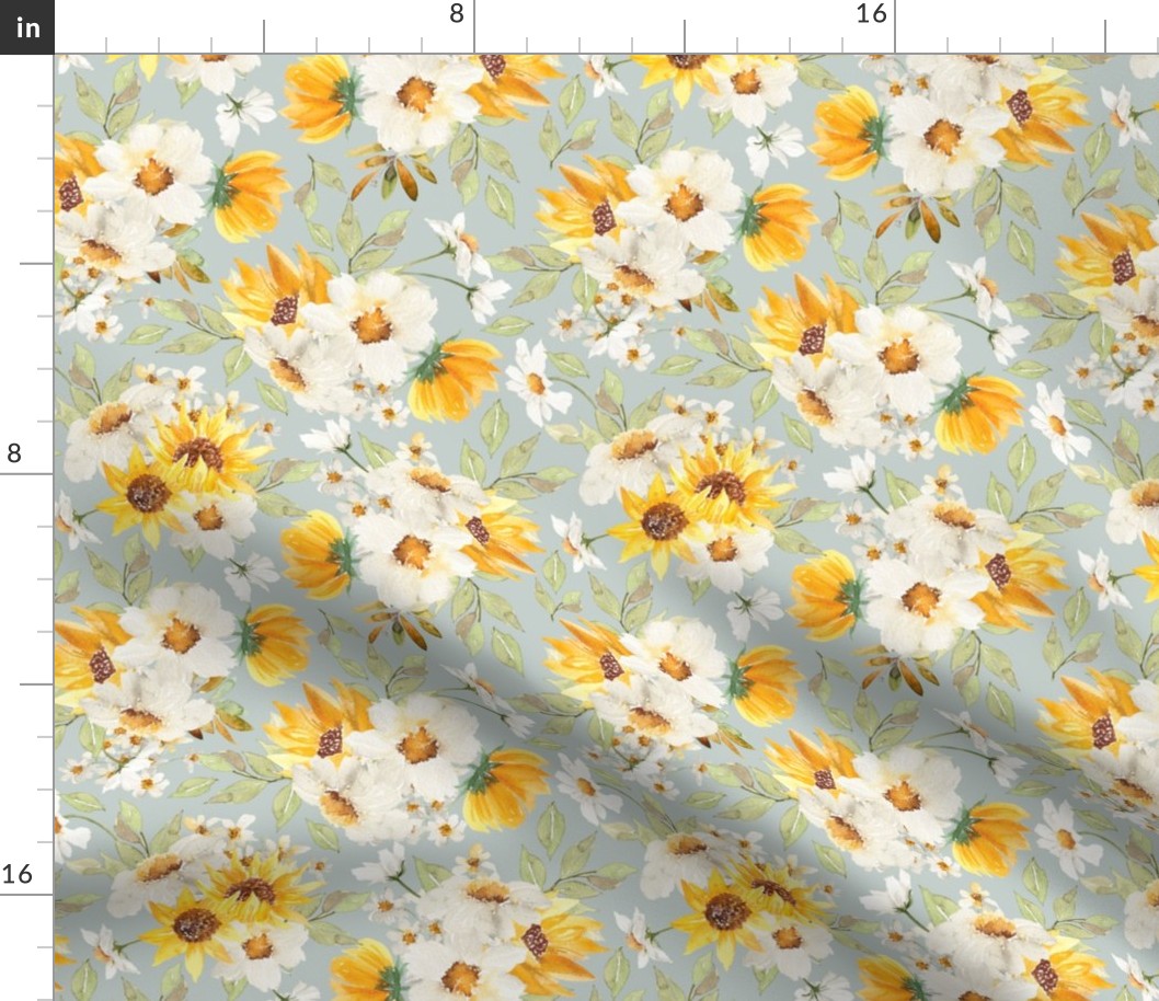 10"  Daisy And Sunflowers Bouquets Watercolor Floral / Daisies dove grey Fabric
