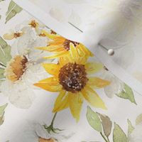 10"  Daisy And Sunflowers Bouquets Watercolor Floral / Daisies blush Fabric