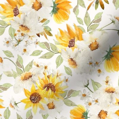 10"  Daisy And Sunflowers Bouquets Watercolor Floral / Daisies blush Fabric