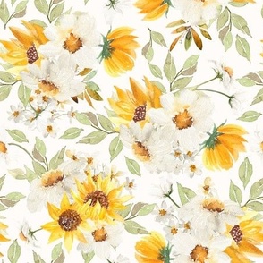 10"  Daisy And Sunflowers Bouquets Watercolor Floral / Daisies blush Fabric