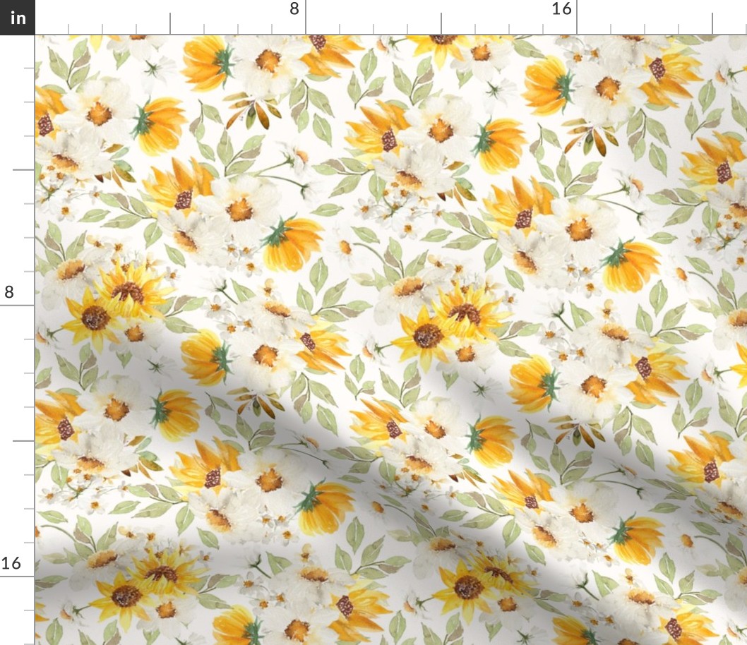 10"  Daisy And Sunflowers Bouquets Watercolor Floral / Daisies blush Fabric