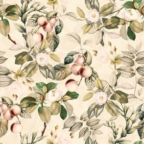 18" Vintage Tropical Flowers And Fruits Garden Fabric - nostalgic tropical fabric -  antique home decor- english roses camellia and exotic fruits- on soft blush peach, double layer