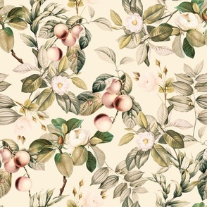 18" Vintage Tropical Flowers And Fruits Garden Fabric - nostalgic tropical fabric -  antique home decor- english roses camellia and exotic fruits - on soft blush peach