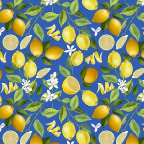 12" Lemonade - Summer Mediterranean Lemons Fabric - blue
