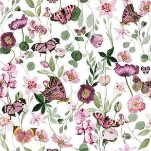 10" In the weeds  - Pink Wildflowers and Herbs Summer Wildflower Meadow -  Nursery Fabric, Baby Girl Fabric, perfect for kidsroom, kids room, kids decor white  