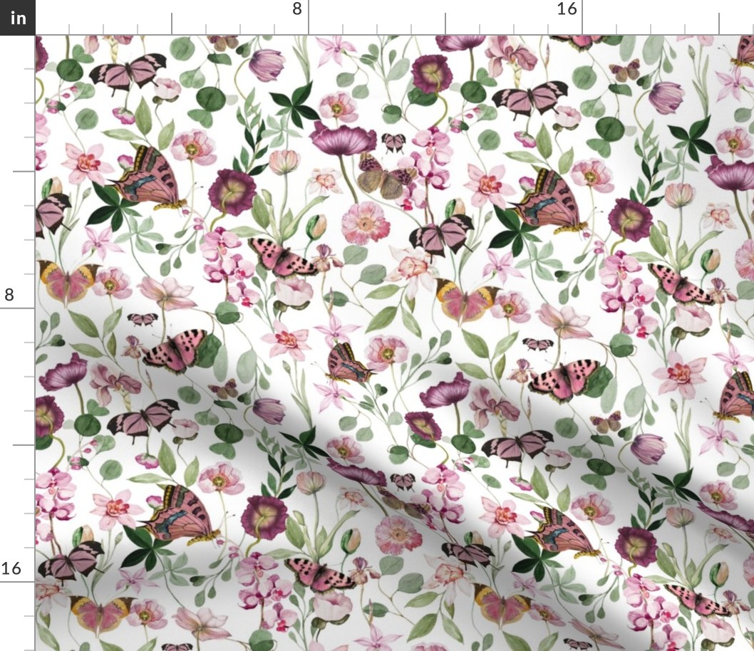 10" In the weeds  - Pink Wildflowers and Herbs Summer Wildflower Meadow -  Nursery Fabric, Baby Girl Fabric, perfect for kidsroom, kids room, kids decor white  
