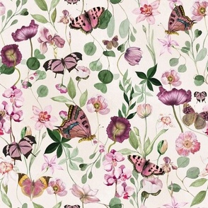 10" In the weeds  - Pink Wildflowers and Herbs Summer Wildflower Meadow - on white Nursery Fabric, Baby Girl Fabric, perfect for kidsroom, kids room, kids decor pink