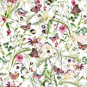 10" In the weeds  - Wildflowers and Herbs Summer Wildflower Meadow - on white Nursery Fabric, Baby Girl Fabric, perfect for kidsroom, kids room, kids decor white