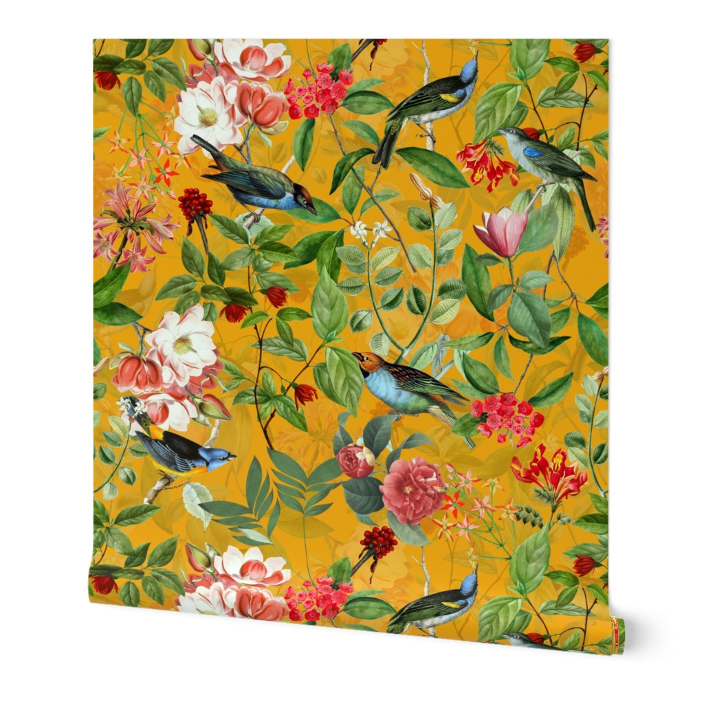 Home decor Vintage Nostalgic Tropical Birds Antiqued Jungle Green Jungle - tropical fabric sunny orange