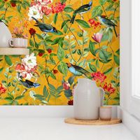 Home decor Vintage Nostalgic Tropical Birds Antiqued Jungle Green Jungle - tropical fabric sunny orange