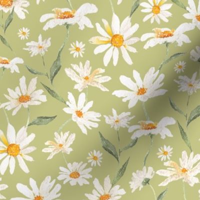 12"   Spreading daisies wildflowers meadow  Watercolor Floral / Daisies apple green  Fabric