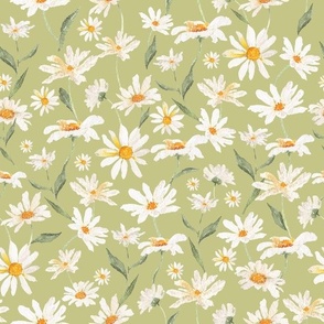 12"   Spreading daisies wildflowers meadow  Watercolor Floral / Daisies apple green  Fabric