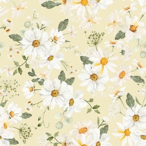 10"  Daisy Bouquets and spreading daisies  Watercolor Floral / Daisies vanilla yellow Fabric
