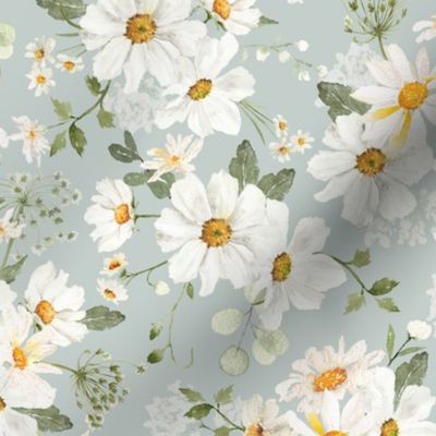 10"  Daisy Bouquets and spreading daisies  Watercolor Floral / Daisies dove grey Fabric